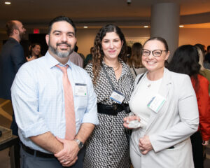 Picture (L-R) of Oscar Fernandez, programming committee chair for the Alumni Advisory Council at Equal Justice Works; Verjine Adanalian, member of the AAC, and 2023 Fellow Isobel Healy at the Alumni-Fellow Welcome Reception at Leadership Development Training 2023