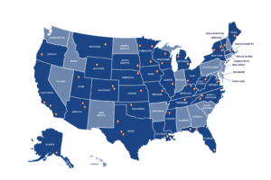 Map of the United States pinpointing where our 2025 Class of Rural Summer Legal Corps Student Fellows will work over the summer