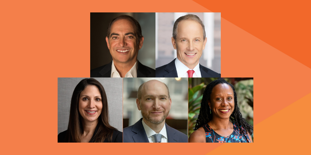 Headshots of the new board members as of October 2023. Top row (L-R): Michael Fricklas, John Hueston. Bottom row (L-R): Jennifer Kaplan Schott, David Levine, Camille Nelson.
