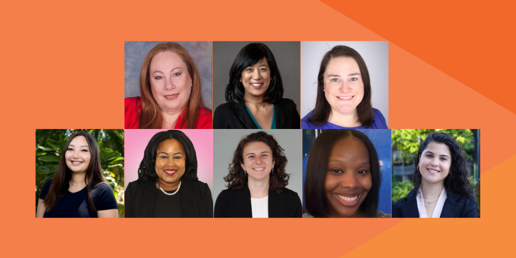 Headshots of the law students joining the NAC for the 2024-2026 term. Top row (L-R): Eunice Caussade-Garcia, Lily Su, and Erin Kelly. Bottom row (L-R): Kaila Wilkinson, Kayla Campbell, Hannah Dean, Carschana Laporte, Christina Vazquez.
