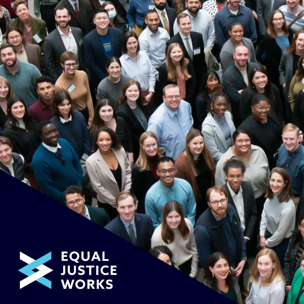 Group photo of Fellows with a logo banner in the bottom left corner showing the Equal Justice Works logo