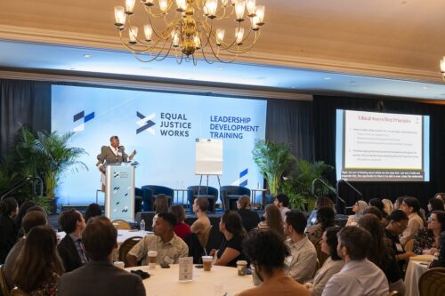 Wide photo of the stage setup and crowd for of the ethical storytelling session, led by Natasha, at LDT, 2025