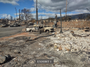 Photo shows the aftermath of the disaster on a Native family's land. Seen are multiple cars burnt in the street, foundation blocks, burnt trees, and ruins. Ultimately, the family home was saved from the auction block after a year and half of litigation over the rightful disposition of the hazard insurance proceeds.